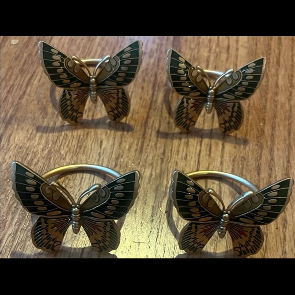 Vintage Butterfly brass colorful set of 4 napkin rings